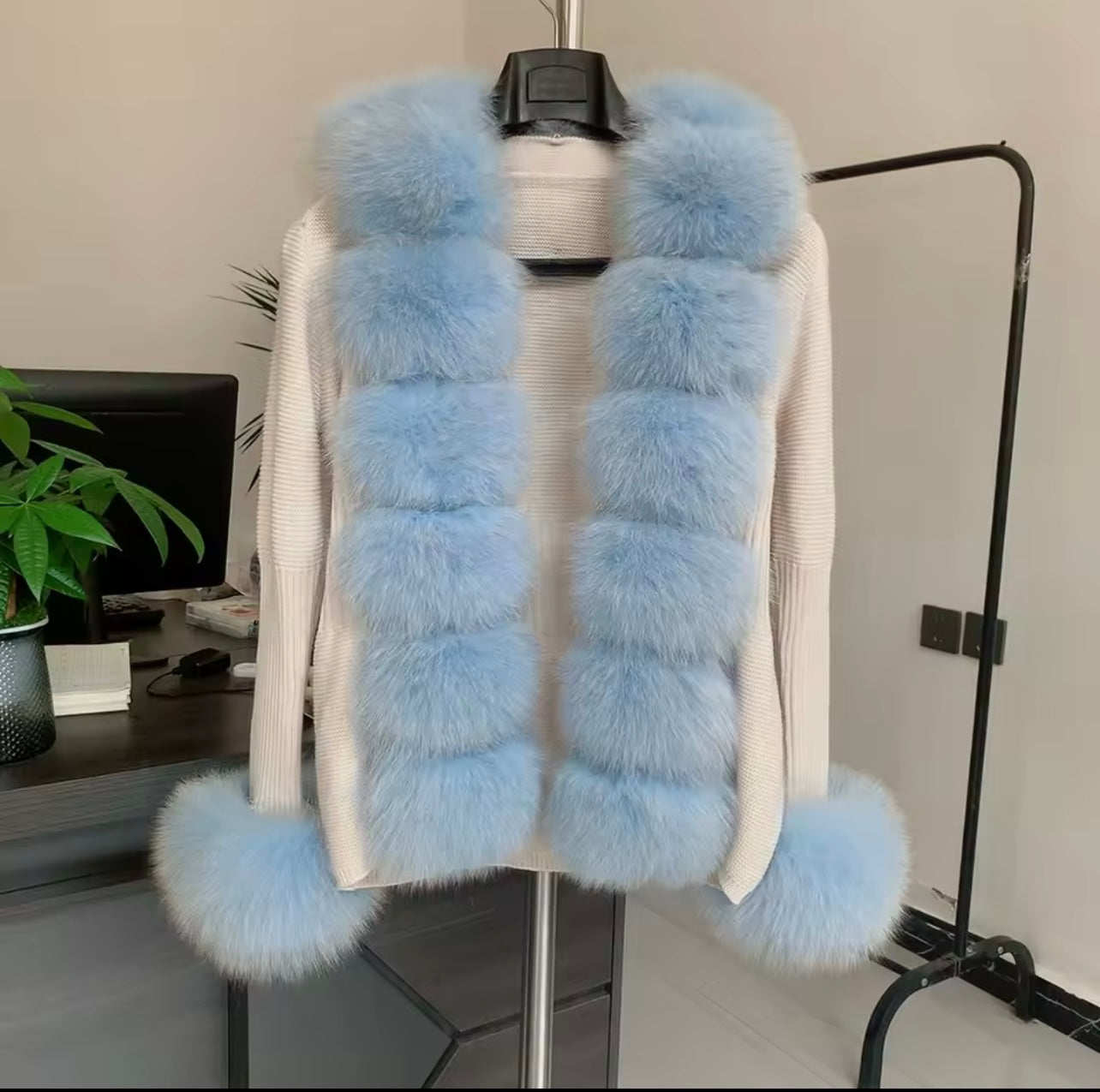 'White & Blue' Fox Fur Cardigan