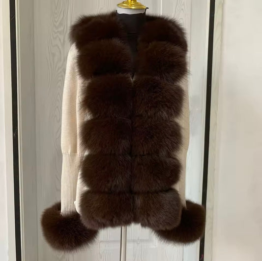 'Beige & Brown' Fox Fur Cardigan
